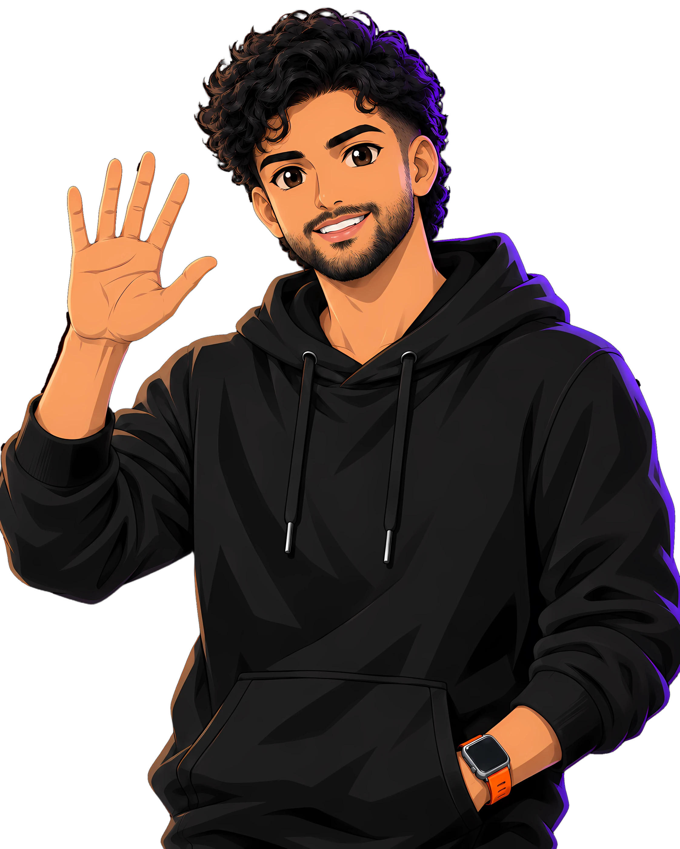 Eldho’s anime character waves and smiles hello as you scroll